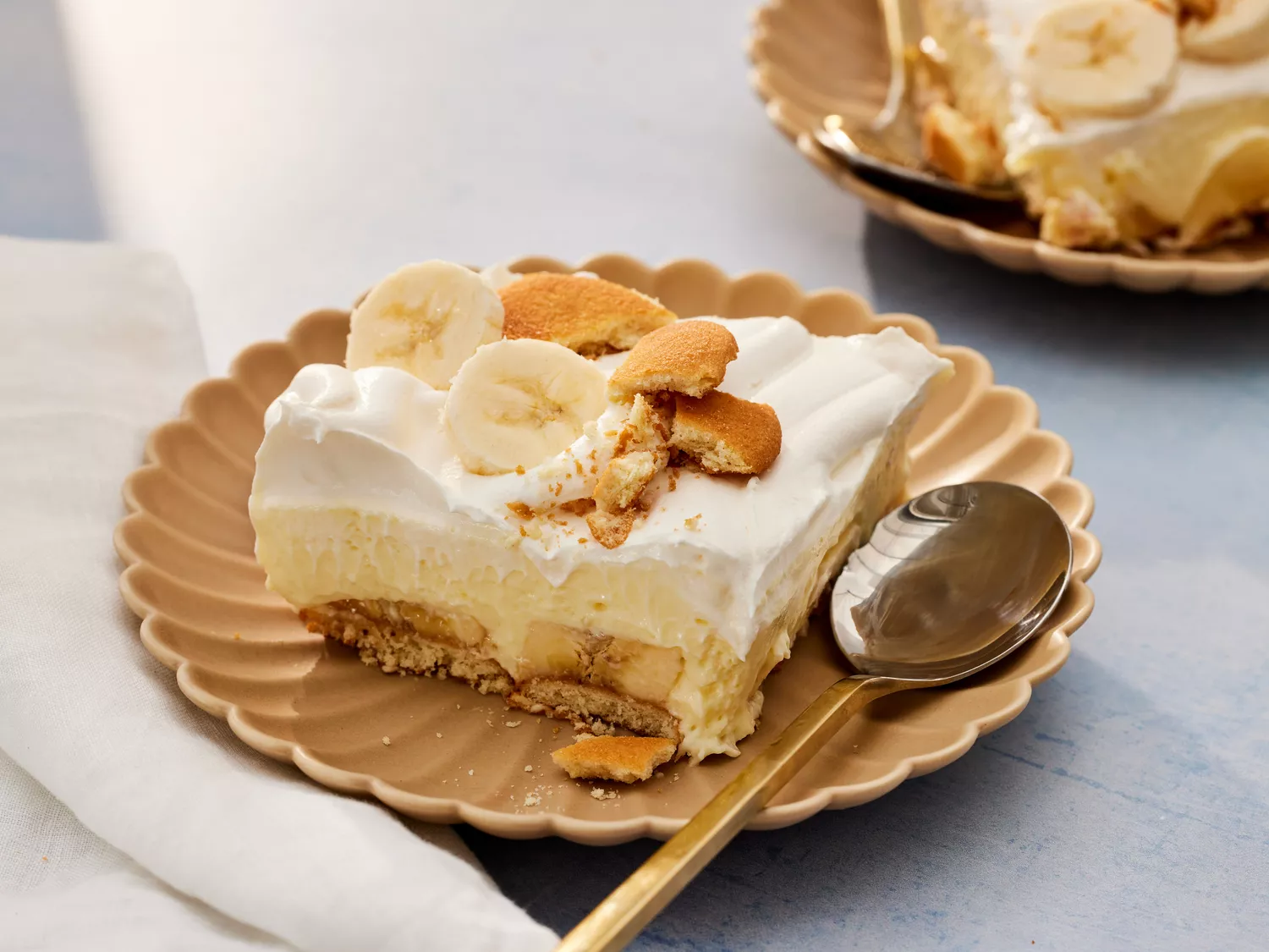 A plated serving of banana pudding, topped with vanilla cookies and sliced banana