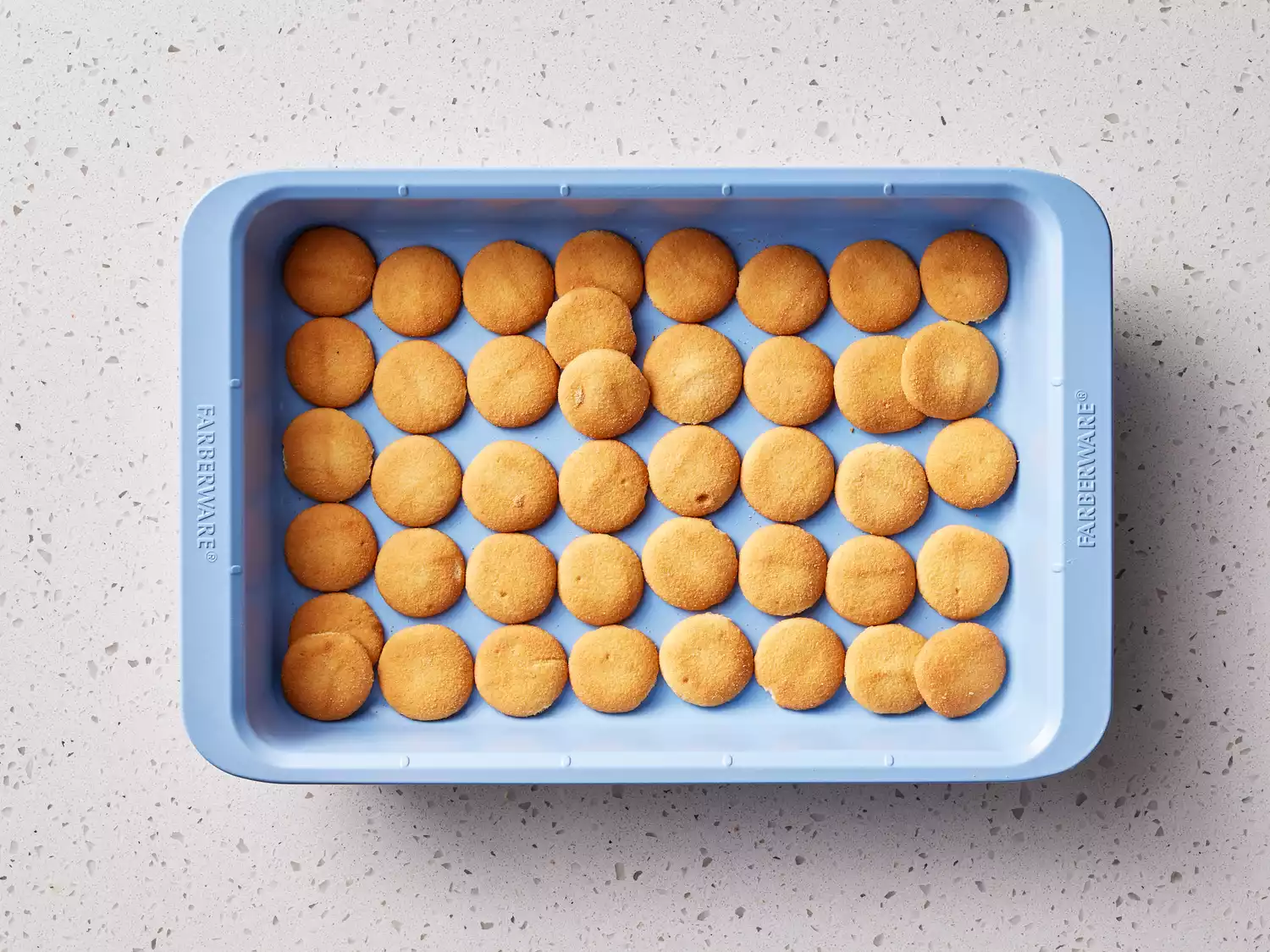 A rectangle baking dish lined with round, vanilla cookies