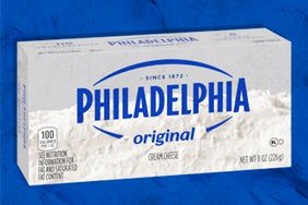 package of Philadelphia cream cheese on a blue background