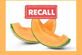 two slices of cantaloup with a red recall sticker